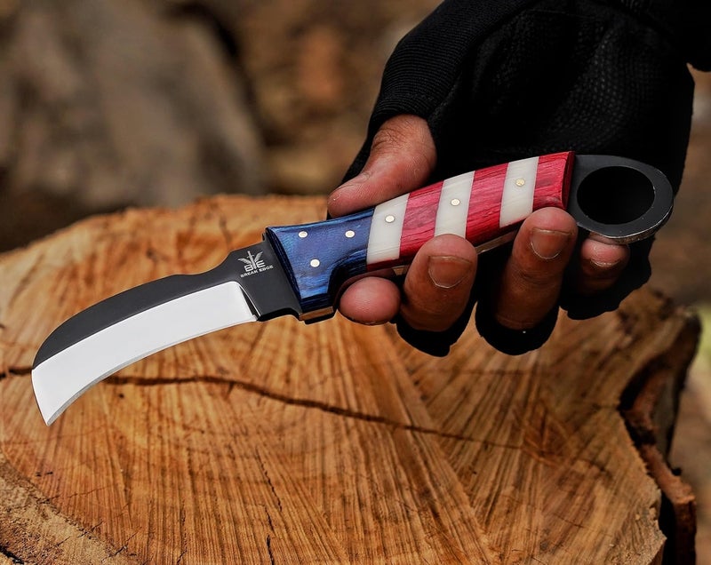 BE BREAK EDGE Handmade Steel Lineman’s Hawkbill knife with Leather sheath, Heavy Duty Utility Knife blade Electrician Wire Skinning knife for professional. (Red,White&Blue) - Image 5